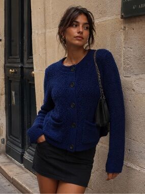 J. Crew Bouclé Cardigan Navy Blue Textured Knit Sezane Style Preppy Minimalist M
